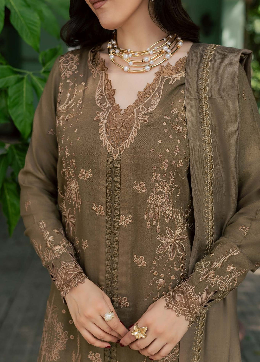 Pashmina Shawl by Nureh Unstitched Embroidered Leather Peach 3 Piece Suit NU26UPS NE-297 - Winter Collection