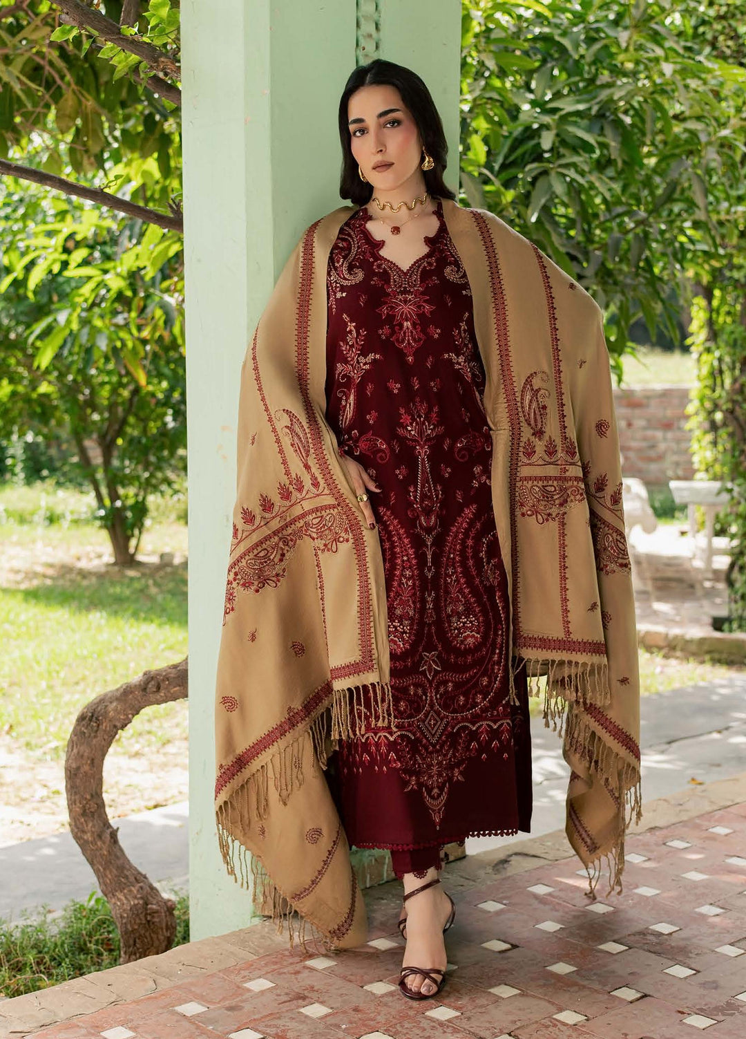 Pashmina Shawl by Nureh Unstitched Embroidered Leather Peach 3 Piece Suit NU26UPS NE-298 - Winter Collection