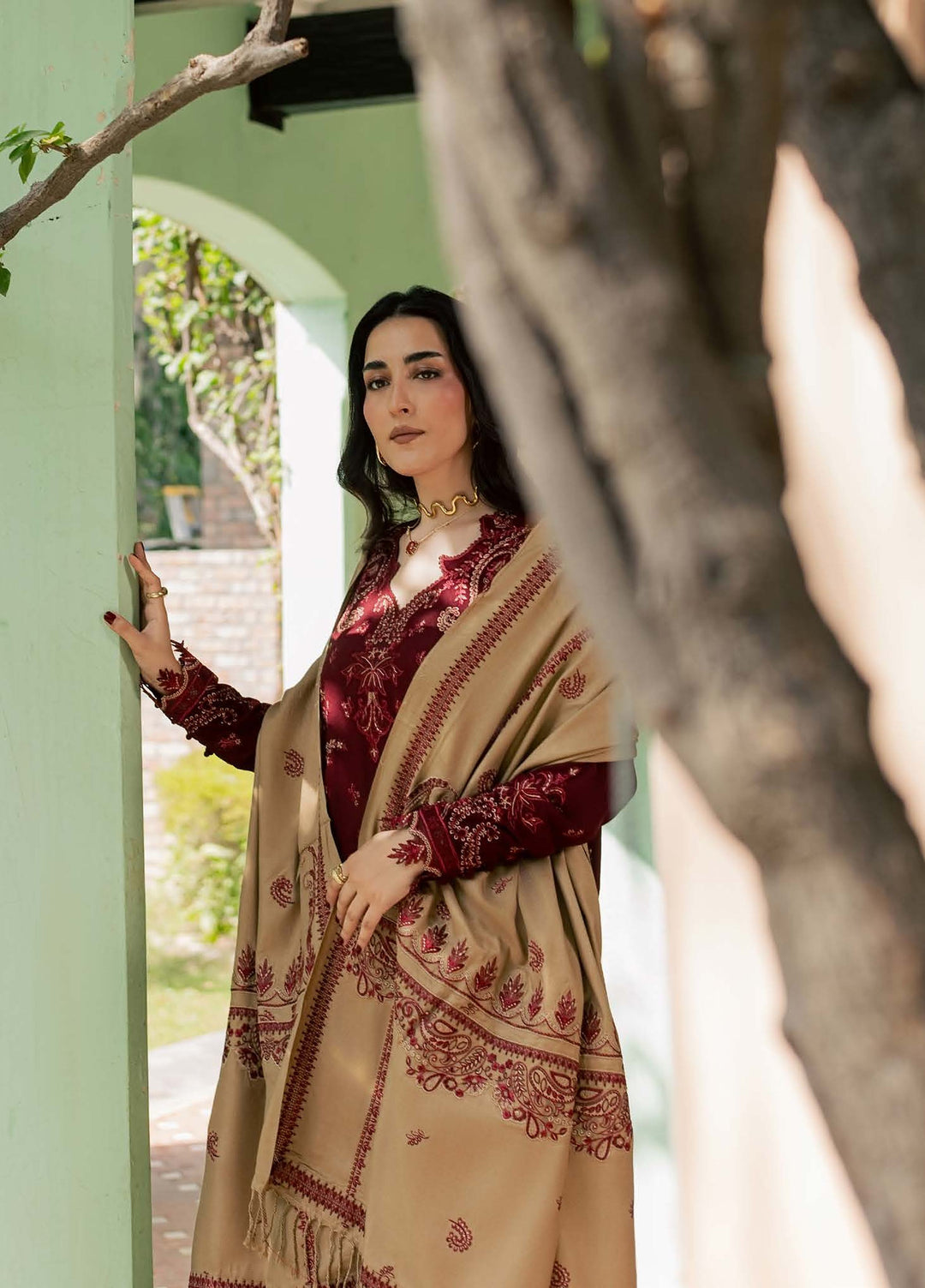 Pashmina Shawl by Nureh Unstitched Embroidered Leather Peach 3 Piece Suit NU26UPS NE-298 - Winter Collection