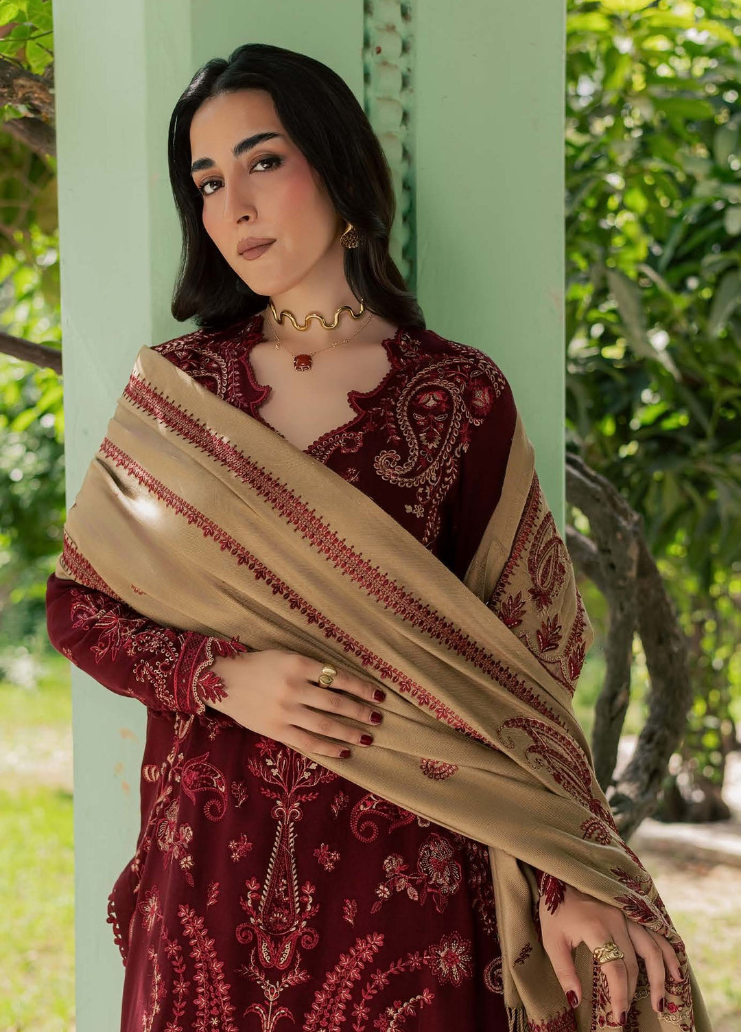 Pashmina Shawl by Nureh Unstitched Embroidered Leather Peach 3 Piece Suit NU26UPS NE-298 - Winter Collection