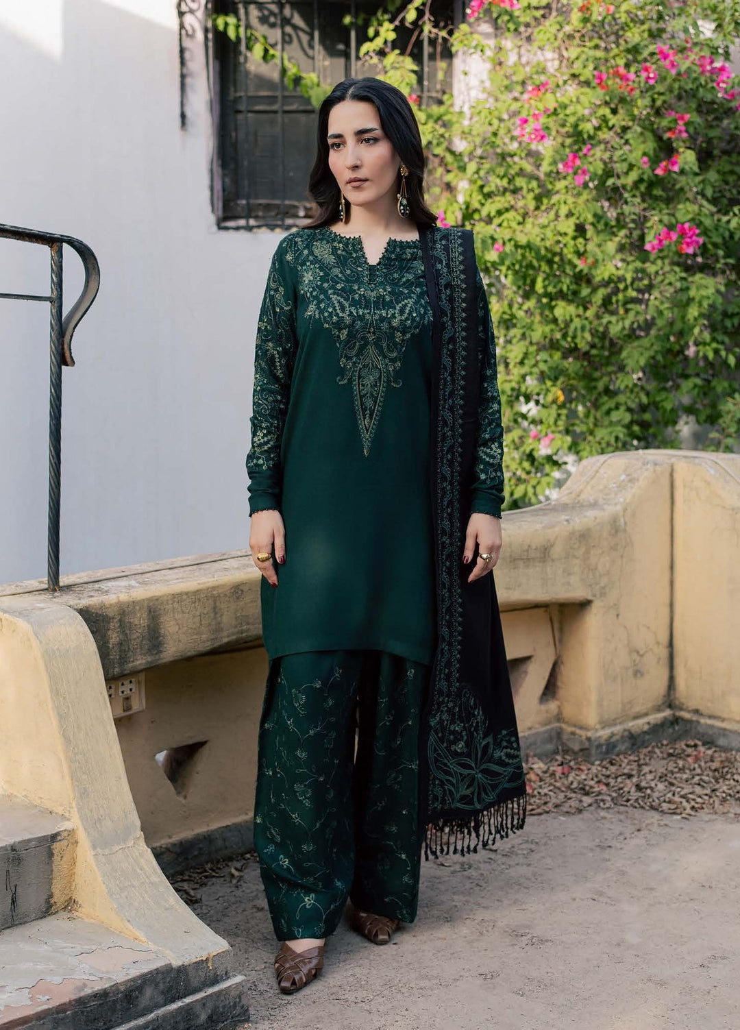 Pashmina Shawl by Nureh Unstitched Embroidered Leather Peach 3 Piece Suit NU26UPS NE-299 - Winter Collection