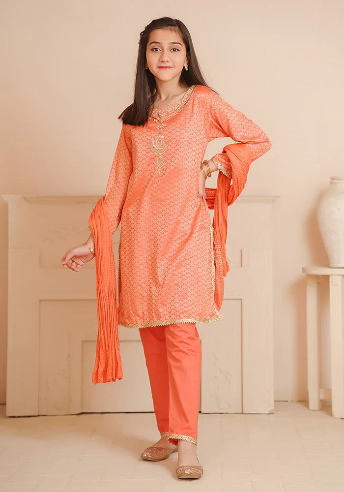 Ochre RTW Embroidered Cotton Jacquard Hand Adda Work Girls 3 Piece OFW-JB-08 - Winter Collection