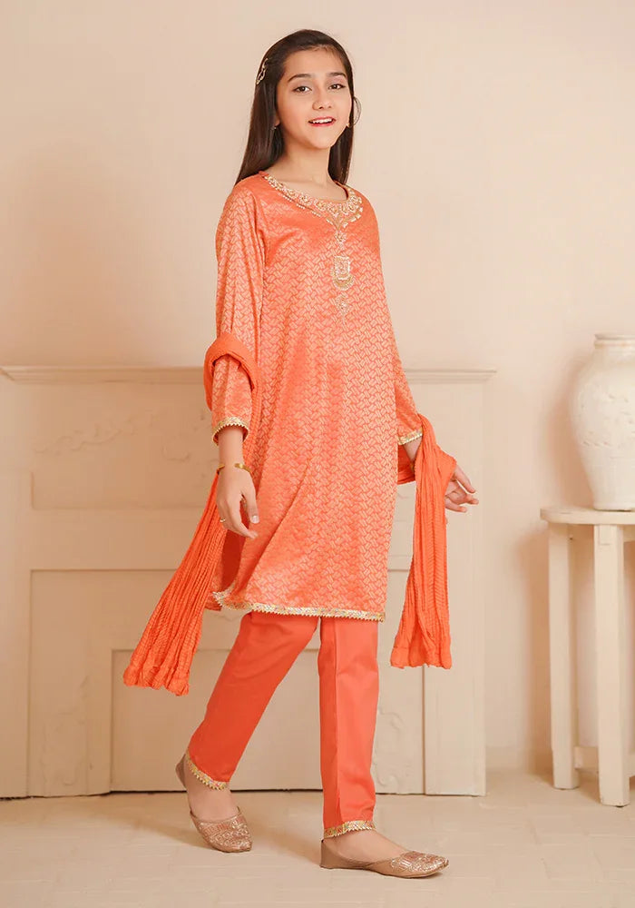 Ochre RTW Embroidered Cotton Jacquard Hand Adda Work Girls 3 Piece OFW-JB-08 - Winter Collection