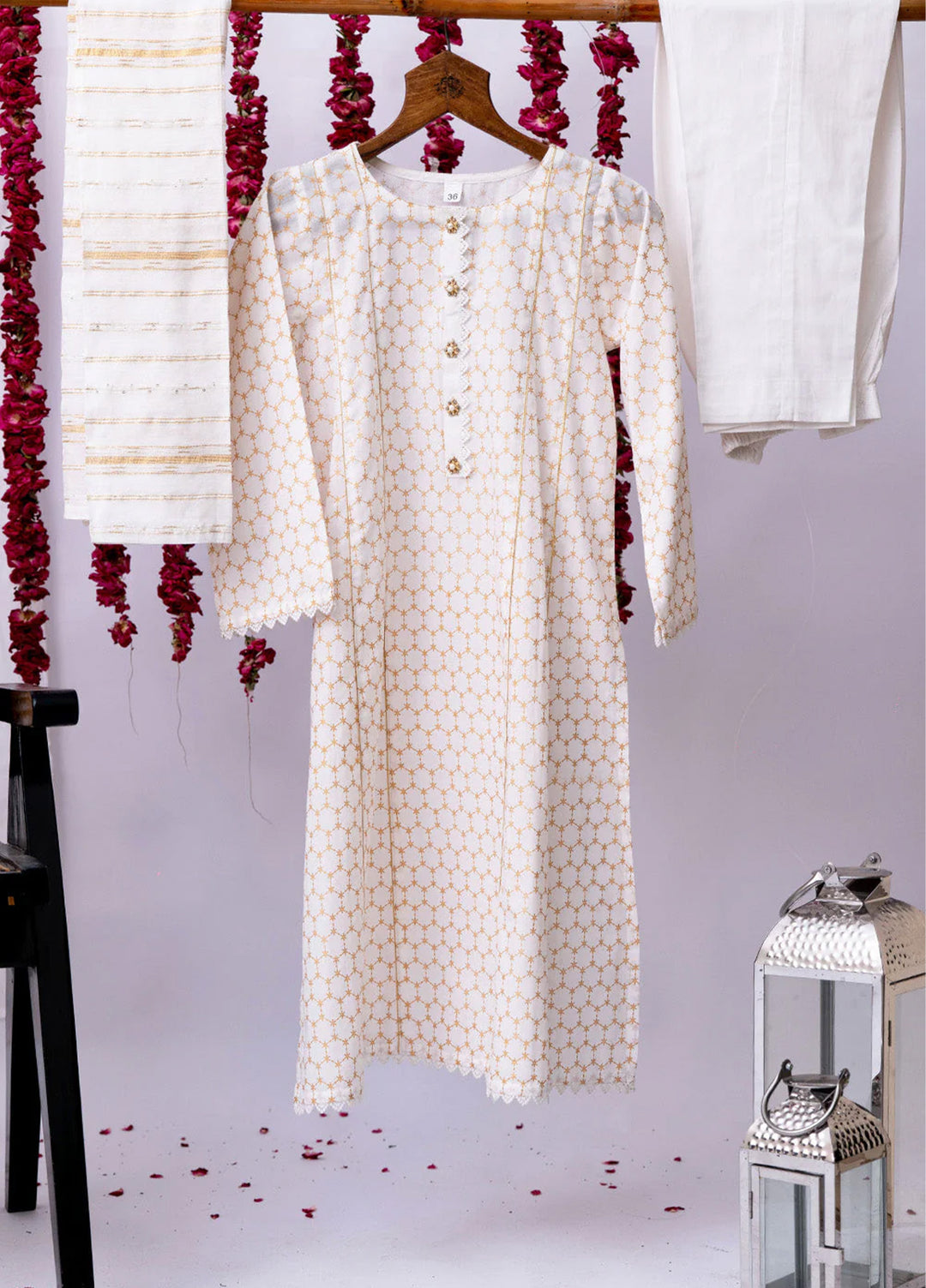 Senorita Girls Ready to Wear Girls White and Gold Casual 3 Piece Suit Cotton Cambric Printed GAD-02713 - Summer Collection