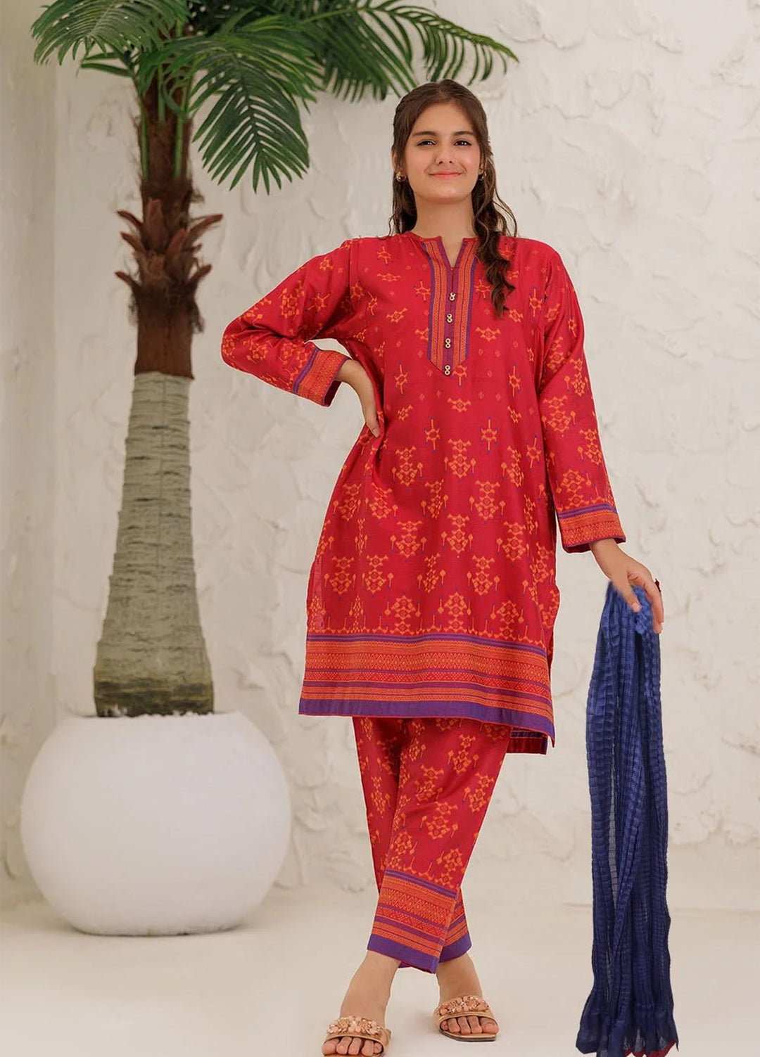 Senorita Girls Ready to Wear Girls Red and Multicolor Casual 3 Piece Suit Cotton Jacquard Solids GAD-03061 - Summer Collection