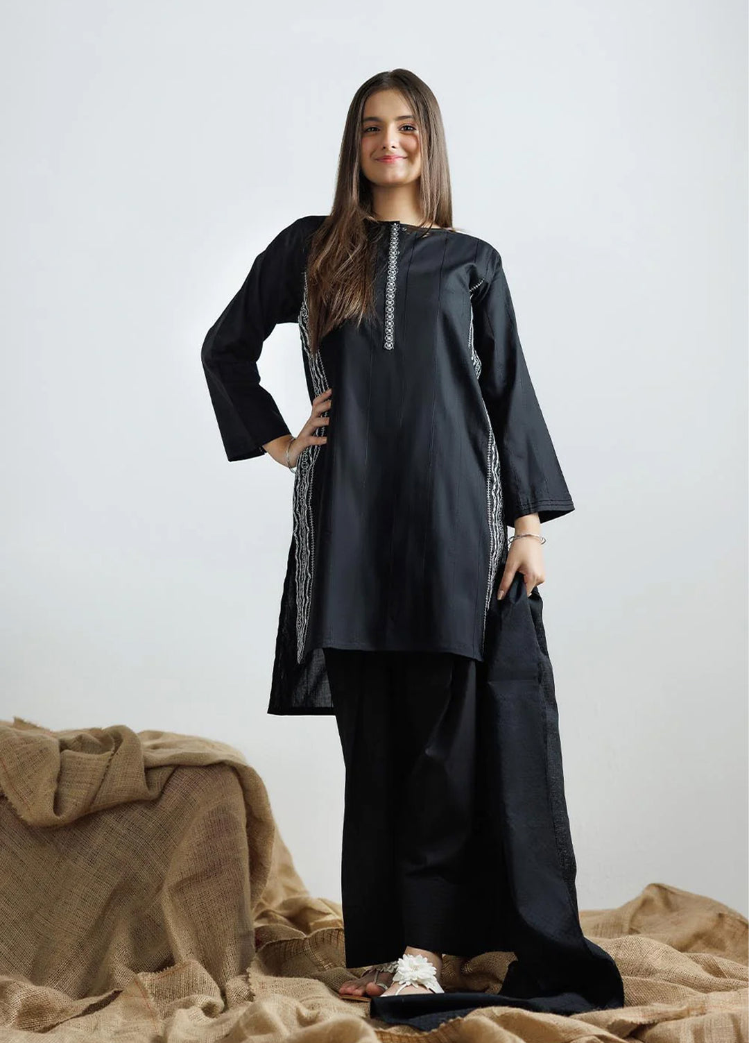 Senorita Girls Ready to Wear Girls Black and White Casual 3 Piece Suit Plain Cotton Solids GAD-03111 - Summer Collection