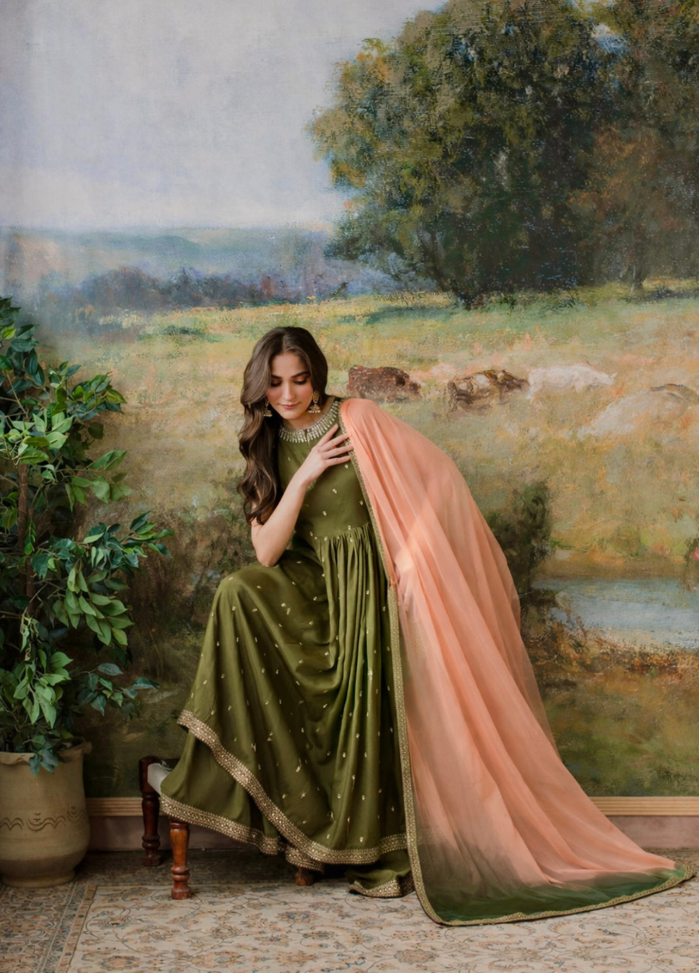 The Opulence by Girl Store RTW Solids Raw Silk 3 Piece Suit Olive - Eid Collection