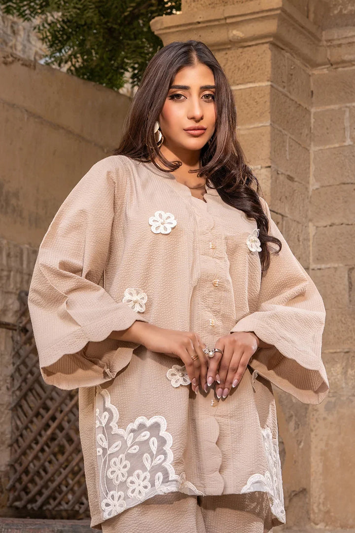 Dhaga Women Pret Embroidered Herringbone 2 Piece Suit Scaloppy Beige SS25DSE147 - Winter Collection