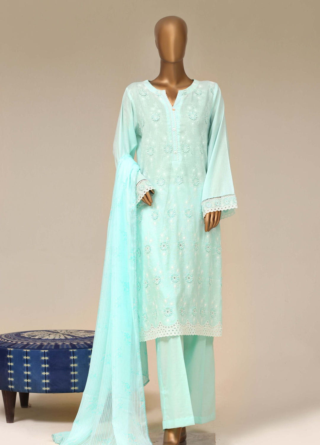 HZ Textiles RTW Chikankari Lawn 3 Piece Suit HZ26PCL OCEAN HUE SBE-3P-076 - Casual Collection