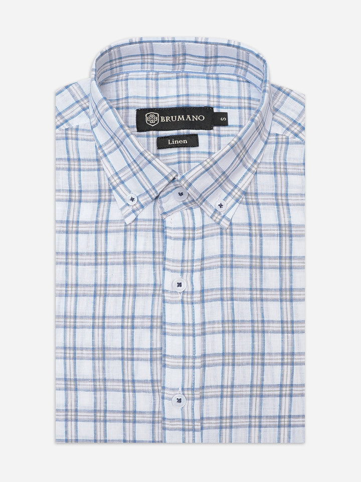 Brumano Ready To Wear Shirts Men 1 Piece Cotton Off-White & Blue Linen Button Down Shirt 0-31-025-4690 - Summer Collection
