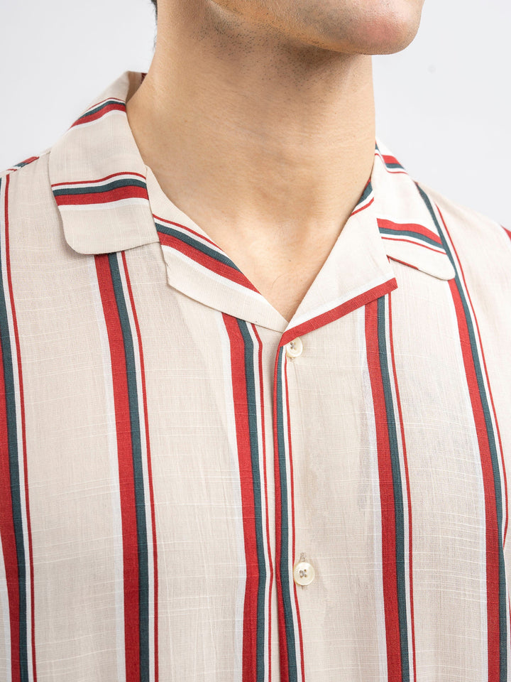 Brumano Ready To Wear Shirts Men 1 Piece Cotton Off-White & Red Striped Cuban Collar Shirt 0-33-025-4412 - Summer Collection