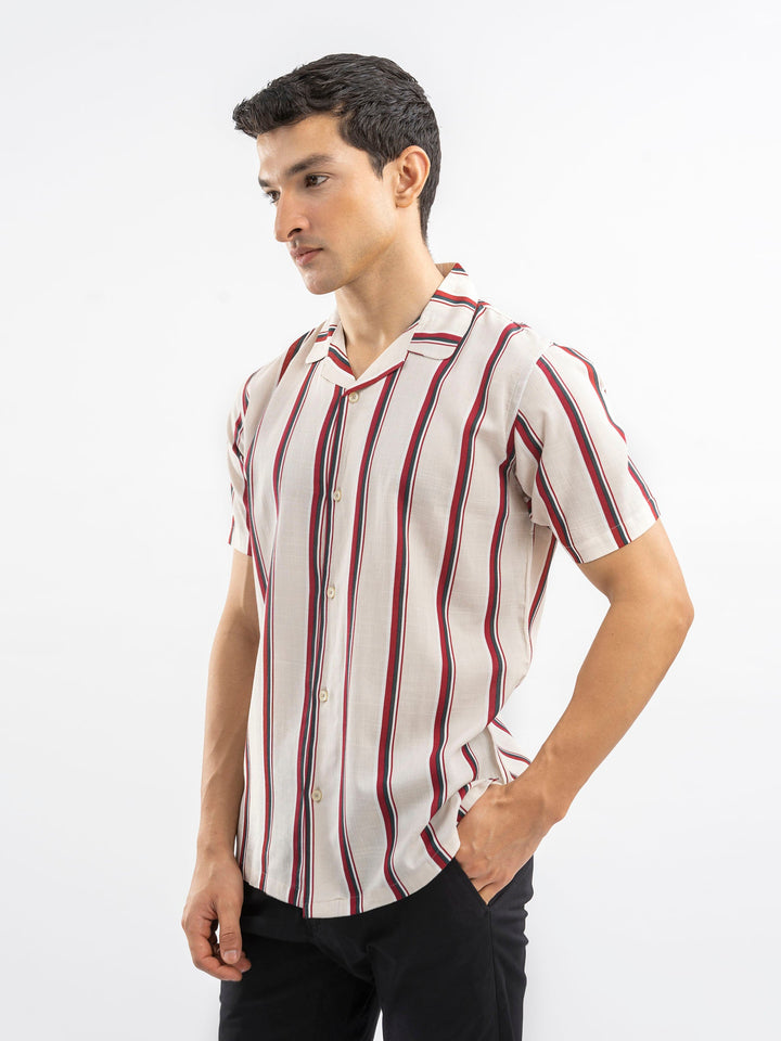 Brumano Ready To Wear Shirts Men 1 Piece Cotton Off-White & Red Striped Cuban Collar Shirt 0-33-025-4412 - Summer Collection