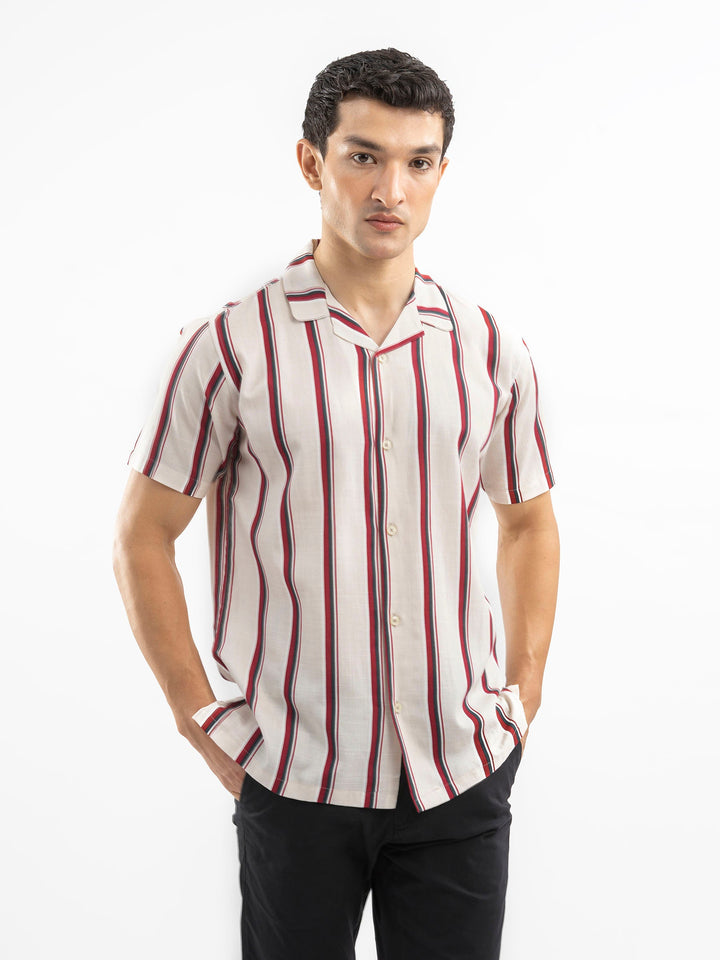 Brumano Ready To Wear Shirts Men 1 Piece Cotton Off-White & Red Striped Cuban Collar Shirt 0-33-025-4412 - Summer Collection