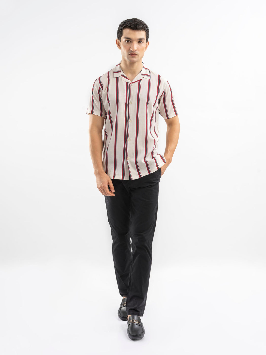 Brumano Ready To Wear Shirts Men 1 Piece Cotton Off-White & Red Striped Cuban Collar Shirt 0-33-025-4412 - Summer Collection
