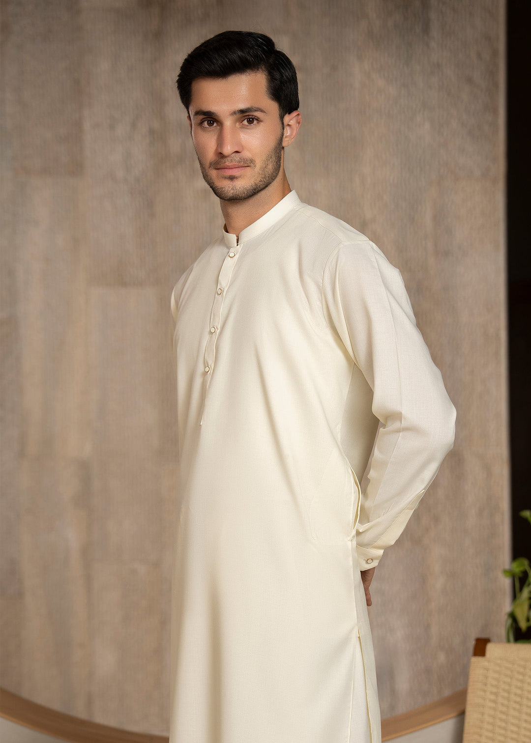 Buraq Men RTW Solids Wash N Wear Kurta Shalwar Suit Off White Ban Casual Collection