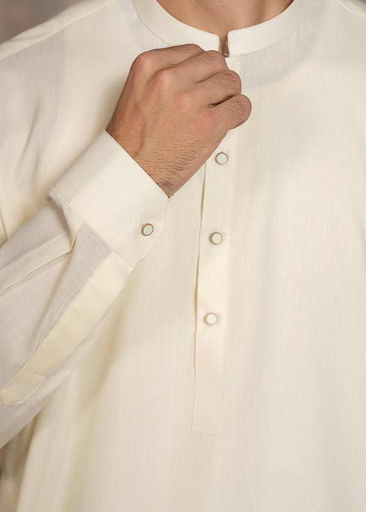 Buraq Men RTW Solids Wash N Wear Kurta Shalwar Suit Off White Ban Casual Collection