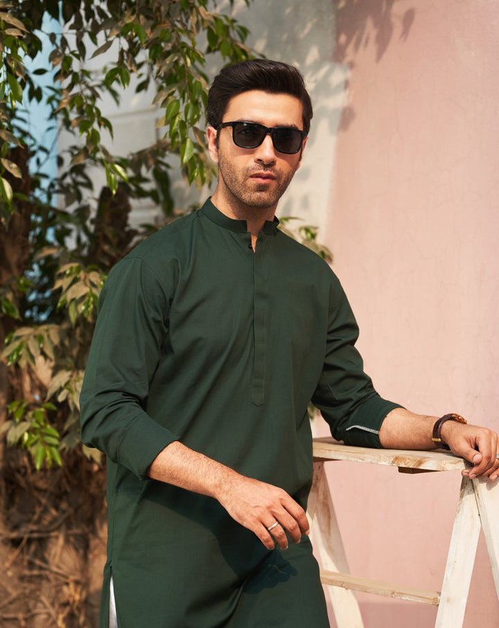 Muraqsh Ready To Wear Solids  Men Pine Cotton Kurta Trouser MUR-PCKWT-KUR - Summer Collection