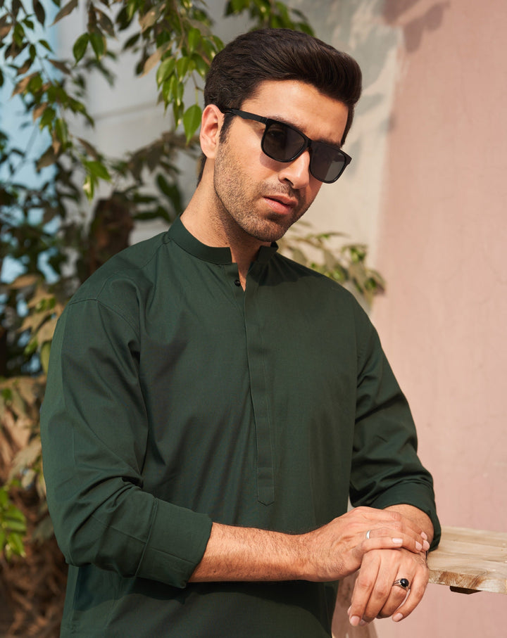 Muraqsh Ready To Wear Solids  Men Pine Cotton Kurta Trouser MUR-PCKWT-KUR - Summer Collection