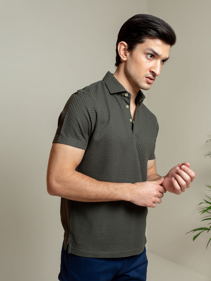Brumano  Solids Cotton Polo Olive Textured Polo With Classic Collar