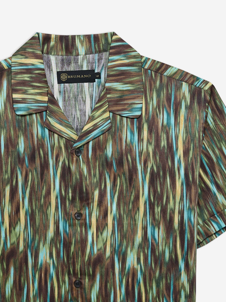 Brumano Ready To Wear Shirts Men 1 Piece Cotton Olive Green Abstract Printed Half Sleeve Cuban Collar Shirt 0-33-024-3234 - Summer Collection