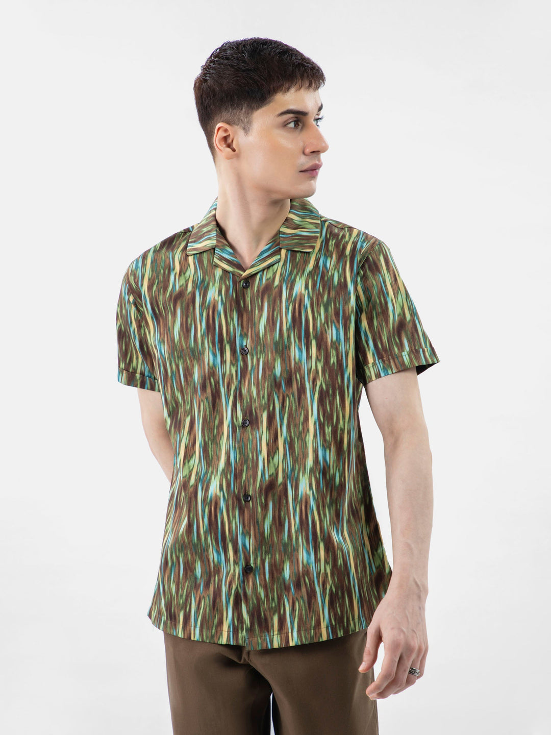 Brumano Ready To Wear Shirts Men 1 Piece Cotton Olive Green Abstract Printed Half Sleeve Cuban Collar Shirt 0-33-024-3234 - Summer Collection