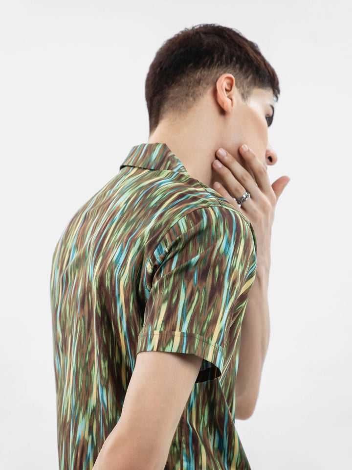 Brumano Ready To Wear Shirts Men 1 Piece Cotton Olive Green Abstract Printed Half Sleeve Cuban Collar Shirt 0-33-024-3234 - Summer Collection