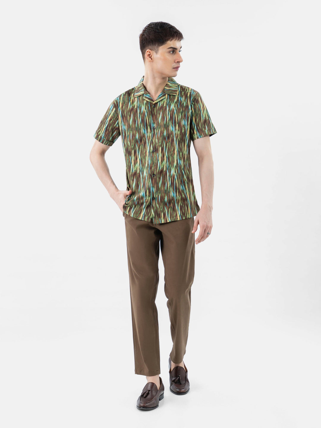 Brumano Ready To Wear Shirts Men 1 Piece Cotton Olive Green Abstract Printed Half Sleeve Cuban Collar Shirt 0-33-024-3234 - Summer Collection