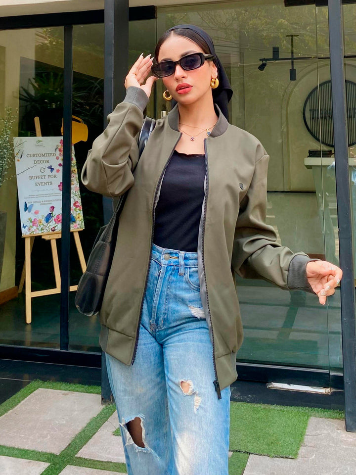 Brumano Pret Solids Polyester 1 Piece Olive Green Bomber Jacket - Women