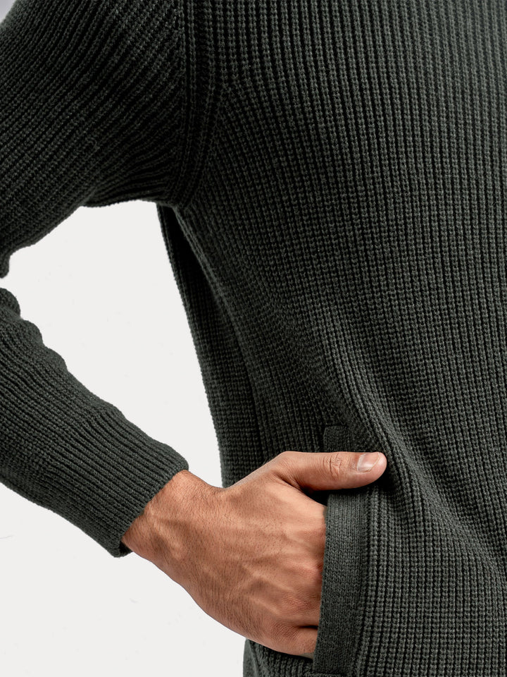 Brumano Ready To Wear Solids Cotton 1 Piece Men Olive Green Knitted Chunky Zipper Jacket 0-25-025-4759 - Winter Collection