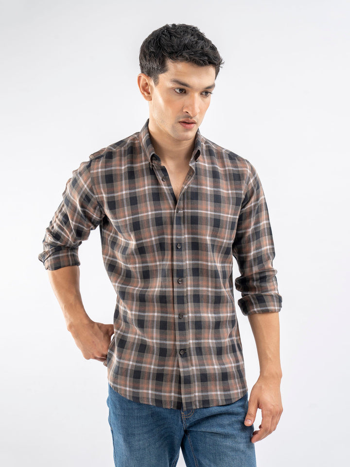 Brumano Ready To Wear Shirts Men 1 Piece Cotton Olive Green Light Weight Checkered Shirt 0-31-025-3965 - Summer Collection