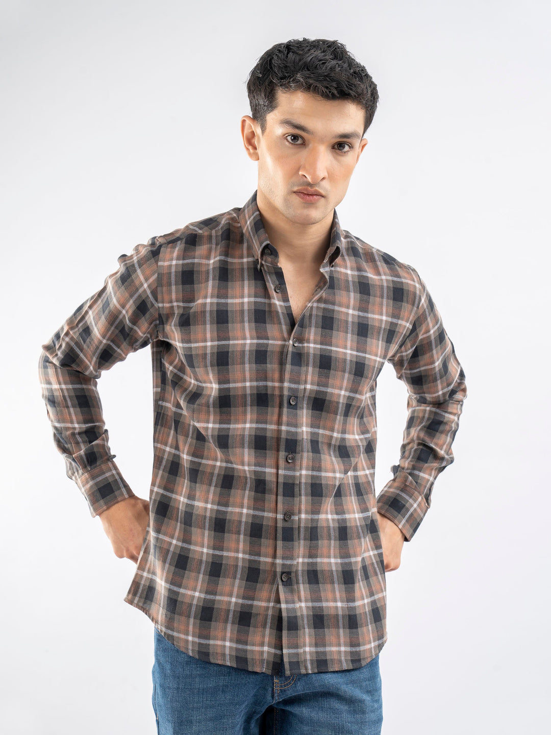 Brumano Ready To Wear Shirts Men 1 Piece Cotton Olive Green Light Weight Checkered Shirt 0-31-025-3965 - Summer Collection