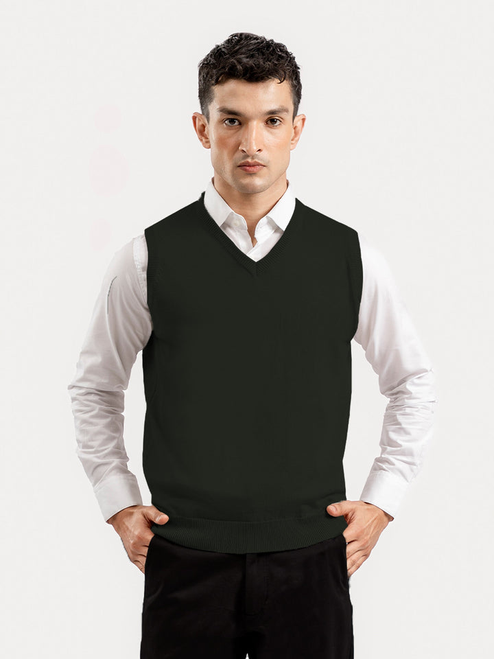 Brumano Ready to Wear Men Cotton Olive Green Sleeveless V-Neck Sweater 0-22-025-4883-D-10 - Winter Collection
