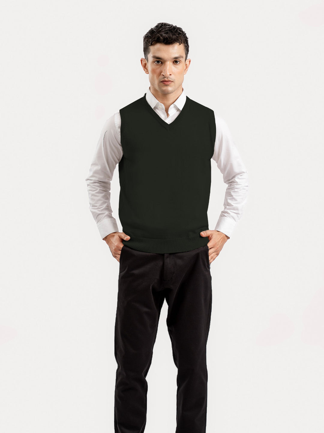 Brumano Ready to Wear Men Cotton Olive Green Sleeveless V-Neck Sweater 0-22-025-4883-D-10 - Winter Collection
