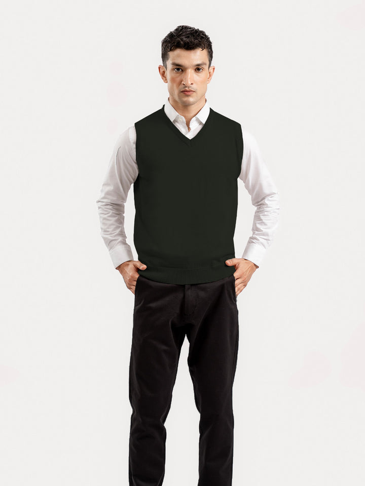 Brumano Ready to Wear Men Cotton Olive Green Sleeveless V-Neck Sweater 0-22-025-4883-D-10 - Winter Collection