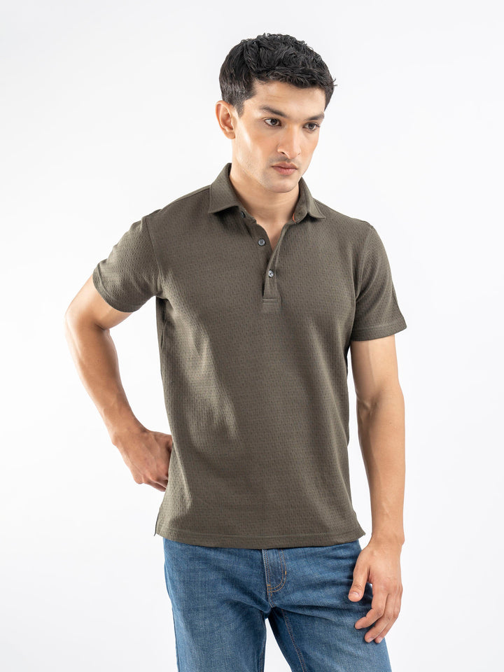 Brumano  Solids Cotton Polo Olive Green Structured Polo With Cutaway Collar