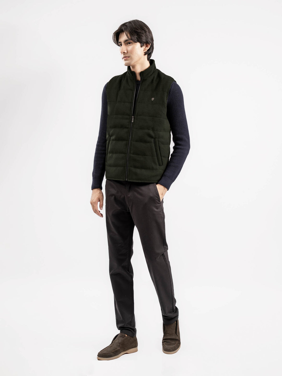 Brumano Ready To Wear Solids Cotton 1 Piece Men Olive Green Wool Sleeveless Zipper Jacket 0-12-025-4331 - Winter Collection