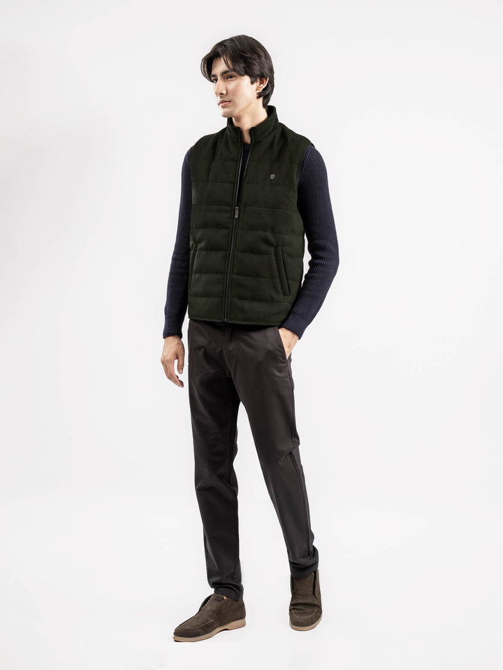 Brumano Ready To Wear Solids Cotton 1 Piece Men Olive Green Wool Sleeveless Zipper Jacket 0-12-025-4331 - Winter Collection
