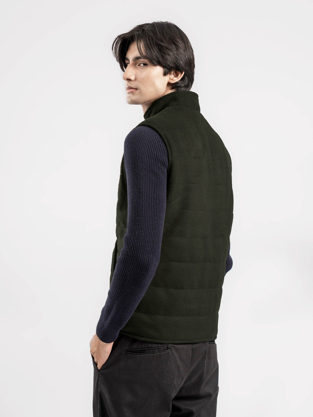 Brumano Ready To Wear Solids Cotton 1 Piece Men Olive Green Wool Sleeveless Zipper Jacket 0-12-025-4331 - Winter Collection
