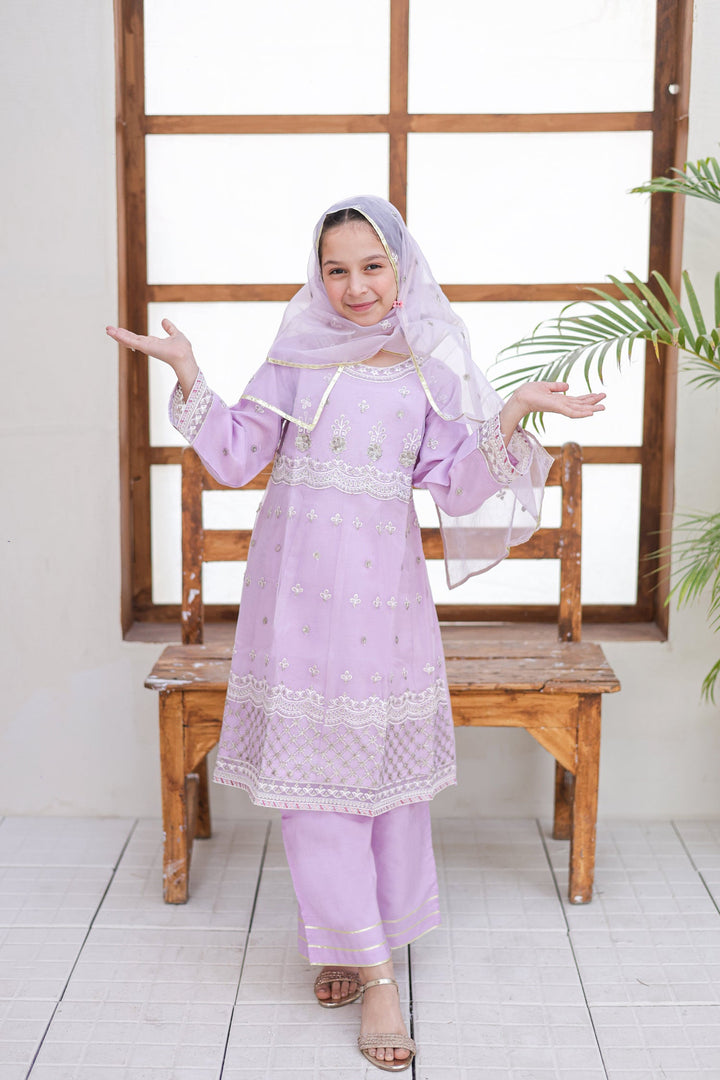 Saheli by Suntex Fabrics Girls RTW Embroidered Organza 3 Piece Suit Pishwas Lilac-03 Festive Collection