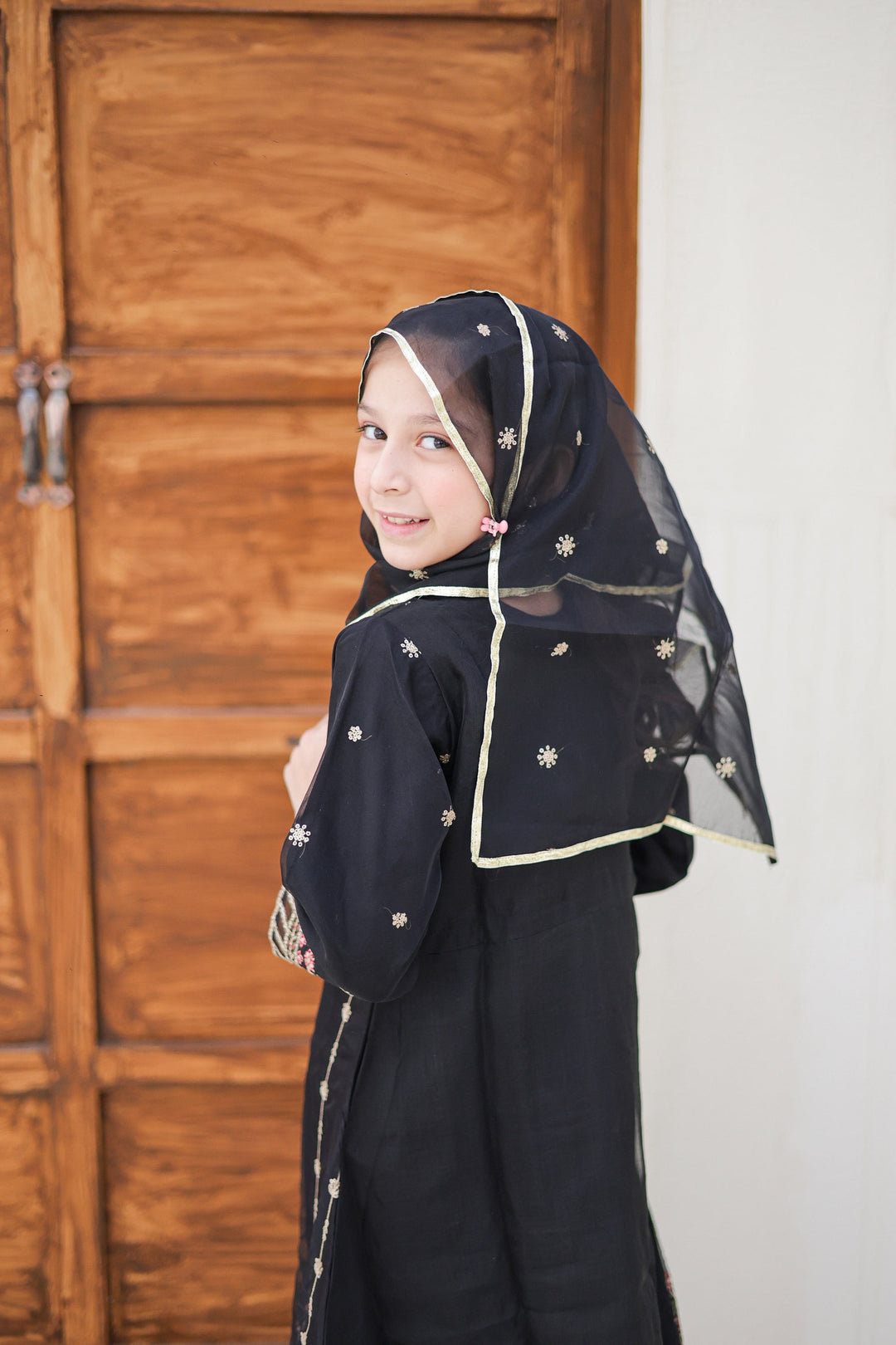 Saheli by Suntex Fabrics Girls RTW Embroidered Organza 3 Piece Suit Pishwas Black Festive Collection