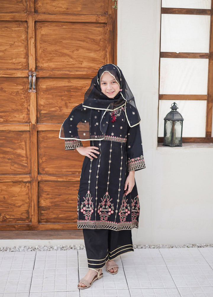 Saheli by Suntex Fabrics Girls RTW Embroidered Organza 3 Piece Suit Pishwas Black Festive Collection
