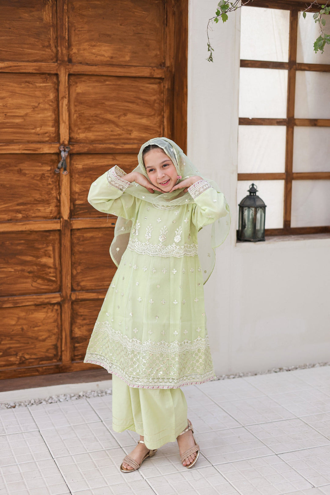 Saheli by Suntex Fabrics Girls RTW Embroidered Organza 3 Piece Suit Pishwas Pista Green Festive Collection