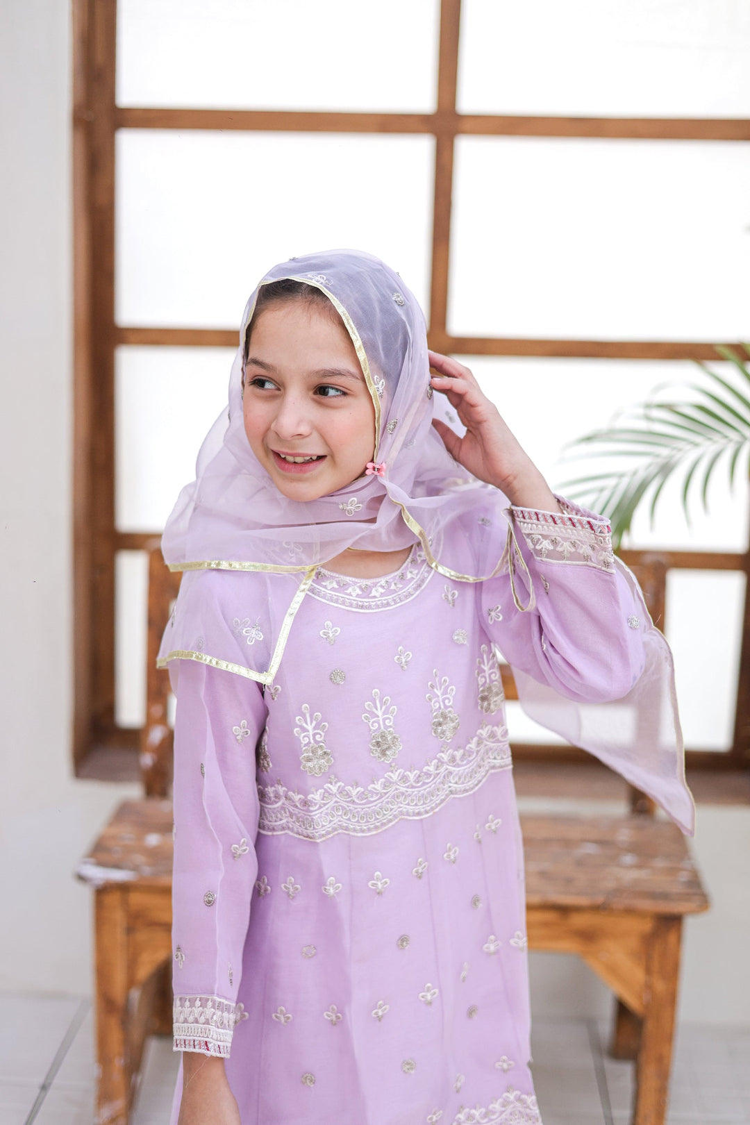 Saheli by Suntex Fabrics Girls RTW Embroidered Organza 3 Piece Suit Pishwas Lilac-03 Festive Collection