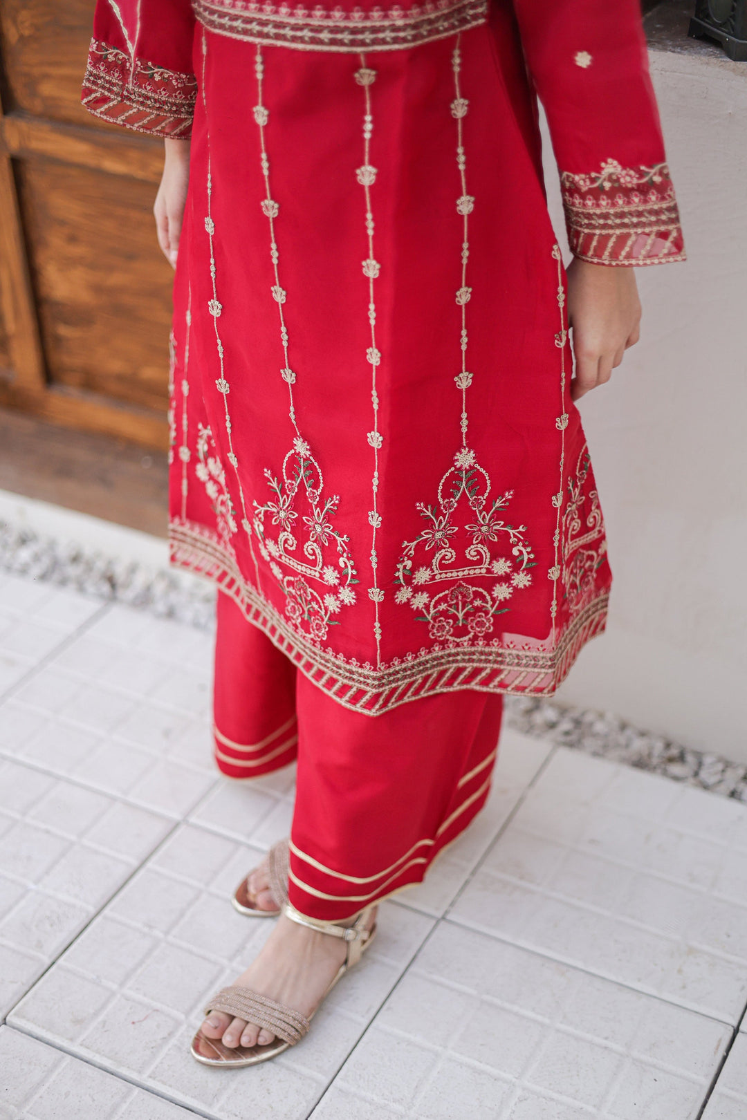 Saheli by Suntex Fabrics Girls RTW Embroidered Organza 3 Piece Suit Pishwas Raspberry Festive Collection