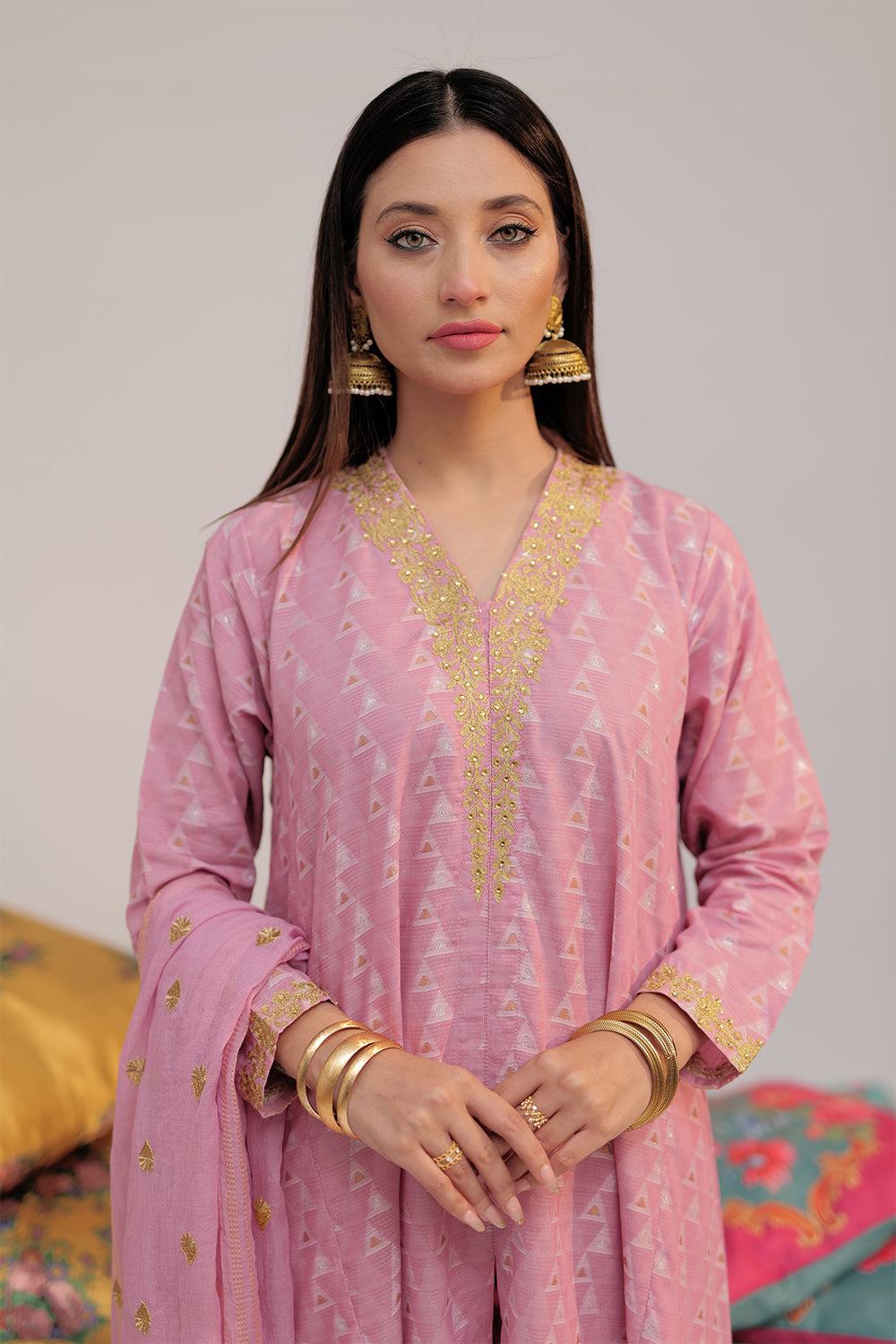 Senorita Women RTW Women Embroidered Pink and Multicolor Casual plus 3 Piece Suit Cotton Yarn dyed Jacquard LBD-02559 - Summer Collection