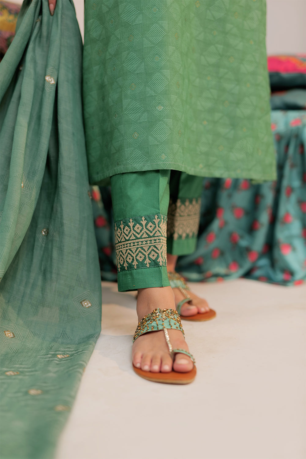 Senorita Women RTW Women Embroidered Green and Gold Casual plus 3 Piece Suit Cotton Yarn dyed Jacquard LBD-02565 - Summer Collection