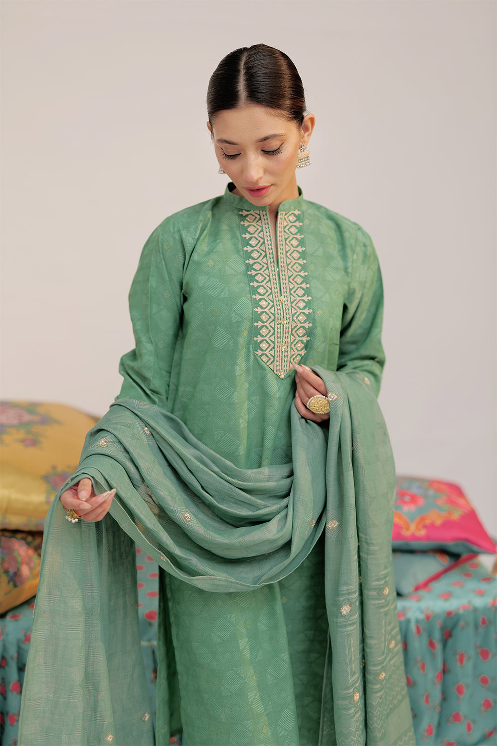 Senorita Women RTW Women Embroidered Green and Gold Casual plus 3 Piece Suit Cotton Yarn dyed Jacquard LBD-02565 - Summer Collection