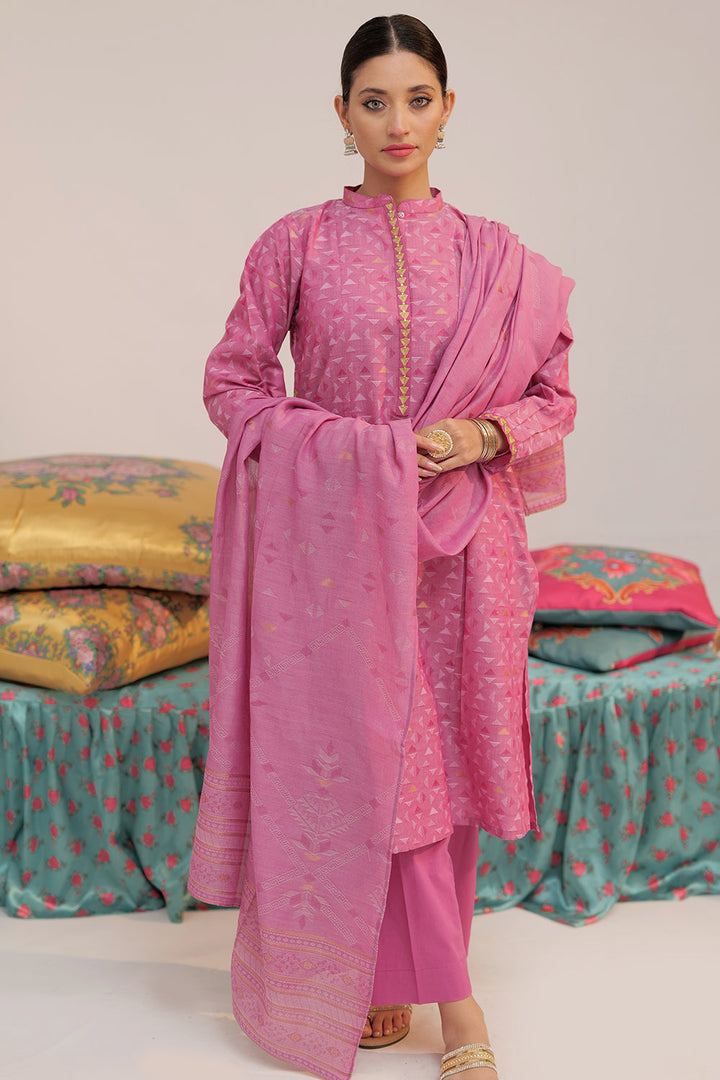 Senorita Women RTW Women Embroidered Shocking Pink and Gold Casual plus 3 Piece Suit Cotton Yarn dyed Jacquard LBD-02567 - Summer Collection