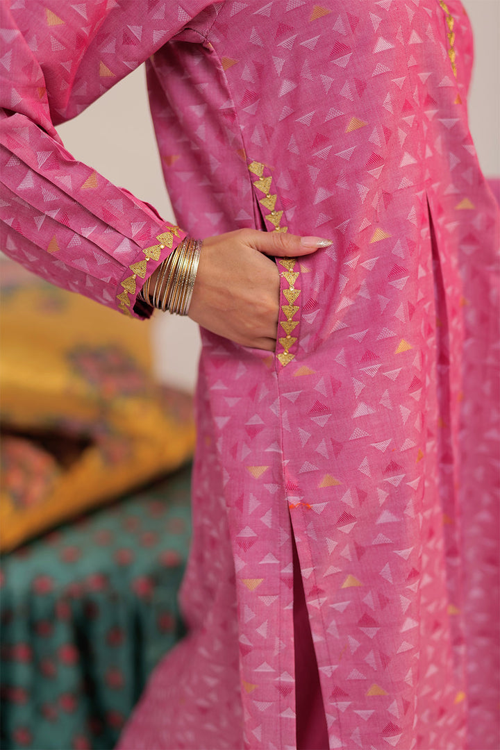 Senorita Women RTW Women Embroidered Shocking Pink and Gold Casual plus 3 Piece Suit Cotton Yarn dyed Jacquard LBD-02567 - Summer Collection