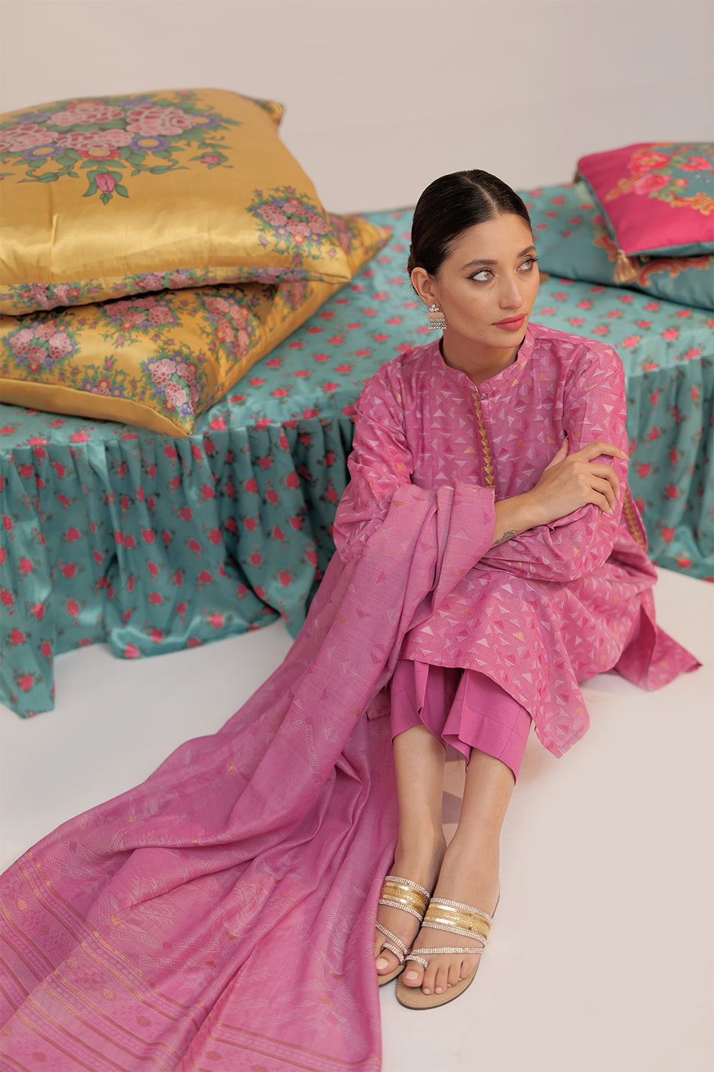 Senorita Women RTW Women Embroidered Shocking Pink and Gold Casual plus 3 Piece Suit Cotton Yarn dyed Jacquard LBD-02567 - Summer Collection